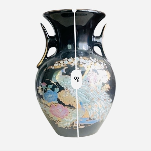 Vintage porcelain vase black hand painted floral bird detail wide handles/openin - Picture 8 of 12